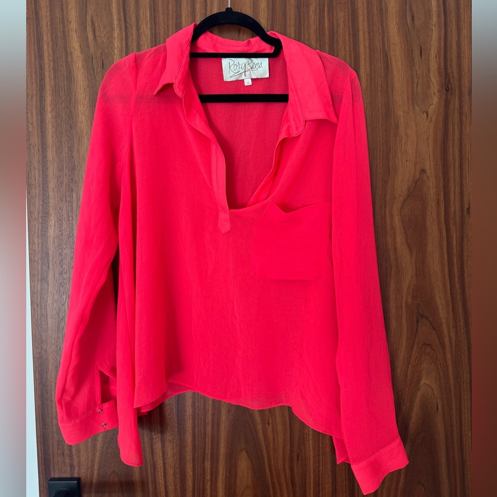 Rory Beca Women’s Bright Pink V-Neck Button Cuff Blouse Silk size M